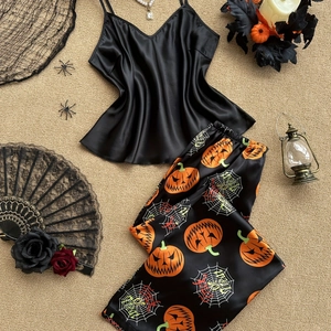 Set Pigiama in Raso di Halloween da Donna Sexy Canotta con Scollo a V e Pantaloni Lunghi con Stampa Zucca e Ragnatela