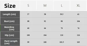 Size chart showing S to XL measurements for women's satin pajama top and pants set in cm