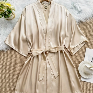 Women Sexy V-Neck Satin Robe Solid Color Champagne Gold Loungewear Nightgown Short Kimono Bathrobe With Waist Tie