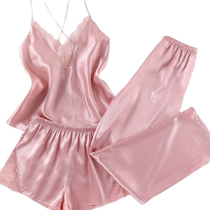 3-piece pink satin pajama set with lace trim featuring camisole top, shorts, and long pants