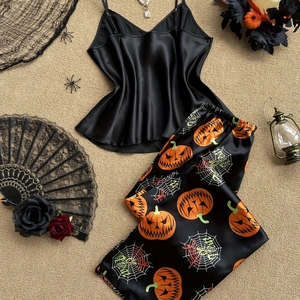 Set pigiama di Halloween in raso con canotta e pantaloni con stampa di zucca
