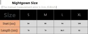 Size chart for women's ice silk nightgown showing bust and length in S to XL sizes