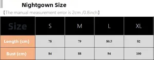 Size chart for women's satin sleepwear set showing length and bust measurements