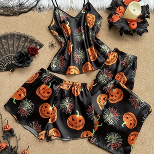 Women Halloween Satin Pajamas Pumpkin Spiderweb Printed Camisole Top And Bottom Loungewear Sleepwear Festive Home Party Wear