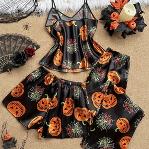 Women's 3-piece Halloween satin pajama set with pumpkin print, camisole and pants
