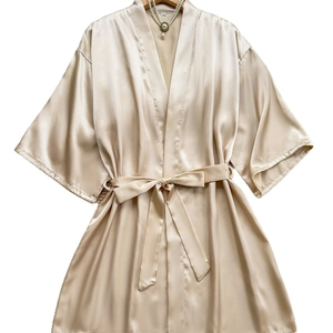 Luxurious champagne satin kimono robe for women with V-neck design and silk-like finish