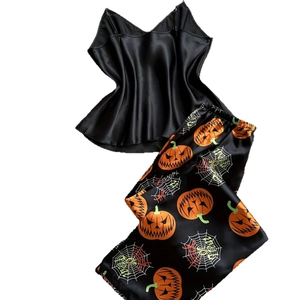 Pigiama di Halloween in raso da donna con stampa zucca e canotta con pantaloni