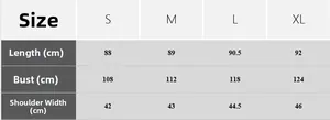 Detailed size chart for women's robe with measurements in cm for S, M, L and XL sizes