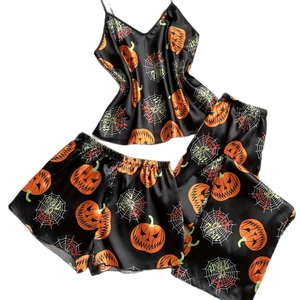 Halloween silk satin 3-piece pajama set with pumpkin and spider web prints in black