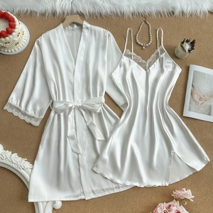 Damen Elegant Weiß Satin Bademantel Und Nachthemd Spitzenbesatz V-Ausschnitt Bindegürtel Braut Pyjamas Top Und Bottom Nachtwäsche