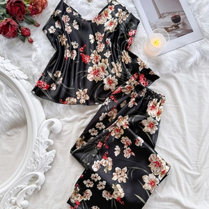 Pigiama da Donna in Raso a Fiori Canotta E Pantaloni Lunghi Abbigliamento da Casa Rifiniture in Pizzo Scollo a V Senza Maniche