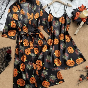 Halloween Women Satin Sleepwear Top And Bottom Pumpkin Spider Web Printed Long Sleeve Robe And Slip Dress Lingerie