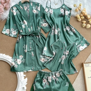 Collezione da Notte in Raso a Fiori da Donna Vestaglia Top a Canotta Pantaloncini e Camicia da Notte Elegante Verde Foresta