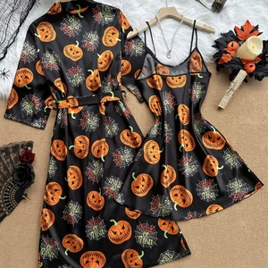 Ice silk Halloween pumpkin print bathrobe and nightgown set in black satin finish