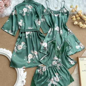 Set pigiama 4 pezzi in raso verde smeraldo con stampa floreale e pizzo per donna