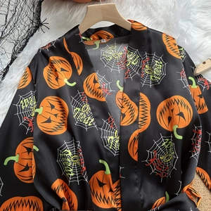 Ice silk Halloween pumpkin print bathrobe in black satin with spider web pattern