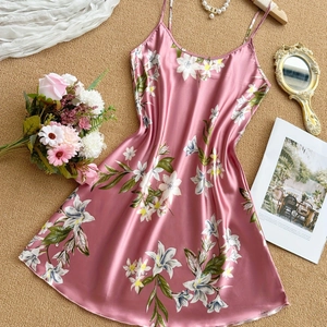 Pink satin slip dress with floral print and spaghetti straps for summer sleepwear