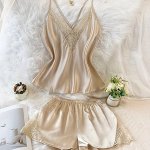 Damen Sexy Satin Spitze Cami Top Und Shorts Schlafanzug Nachtwäsche V-Ausschnitt Ärmellos Lingerie Nachtwäsche Khaki