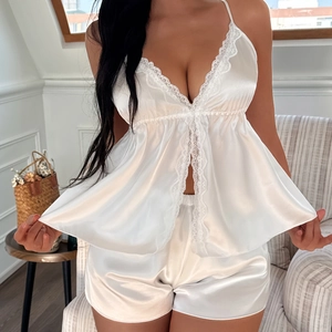 Pyjama Sexy en Satin pour Femmes Haut à Camisole Et Short Dentelle Col en V Vêtements de Nuit Loungewear Blanc