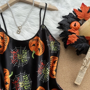 Women's silk Halloween nightgown featuring pumpkin and spider web prints with straps
