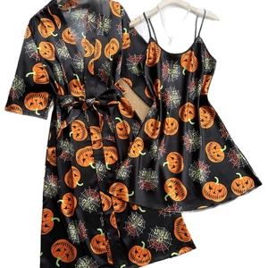 Ice silk ice-cold summer bathrobe set featuring Halloween pumpkin and spider web prints