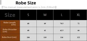 Size chart for women's pajamas set showing robe length, shoulder width, and bust measurements
