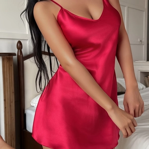 Women's red satin V-neck nightgown with thin straps and a smooth, silky finish