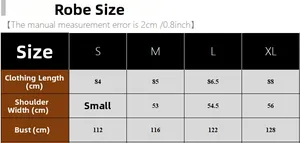 Detailed size chart for women's cotton kimono robe showing measurements in S to XL sizes