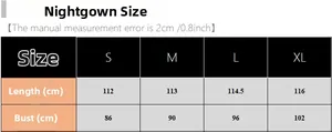 Size chart for women's satin nightgown showing length and bust in S to XL sizes