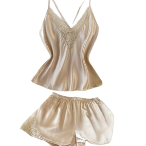 Damen-Schlafanzug-Set aus champagnerfarbenem Seidensatin mit Spitze und V-Ausschnitt