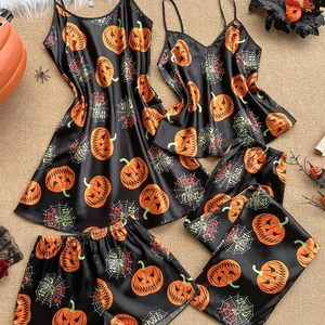 Halloween Pumpkin Spider Web Printed Satin Pajamas Top And Bottom For Women Sleeveless Cami Slip Dress Shorts Pants Nightwear