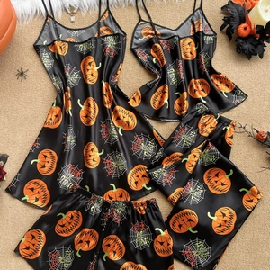 Halloween silk pajama set with pumpkin print including camisole, shorts, and trousers