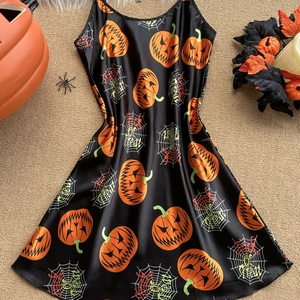 Satin Halloween sleepwear set with pumpkin and spider web prints on black fabric