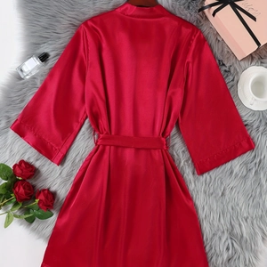 Women's Sexy Satin Robe Solid Color V-Neck Sleepwear With Adjustable Belt Three-Quarter Sleeve Nightgown For Home Daily