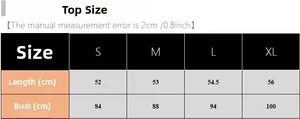 Detailed size chart for women summer pajama top showing length and bust in cm for S to XL