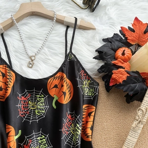 Halloween silk satin pajama set with orange pumpkin prints and Trick or Treat text