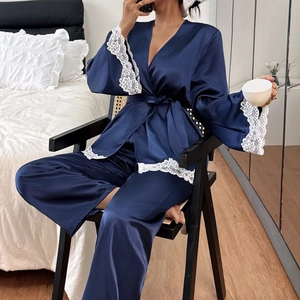 Women Sexy Navy Blue Satin Pajama Lace Trim V-Neck Belted Nightwear Robe And Pants Top And Bottom