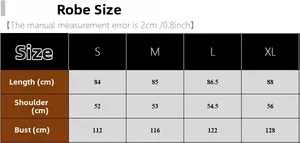 Detailed size chart for women's three-piece polka dot pajamas set with robe measurements