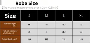 Detailed robe size chart with measurements for length, shoulder, and bust in centimeters