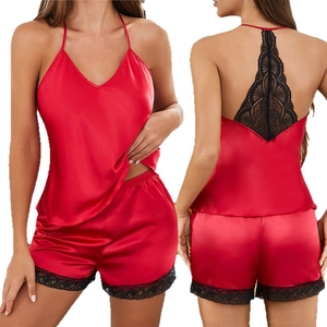 Women's red satin pajama set with black lace trim and sexy V-neck camisole shorts