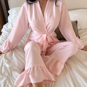 Women Pajama Top And Pants Lounge Wear Long Sleeve Wrap Tie Top Ruffle Hem Pants Pink Seersucker Polyester Sleepwear