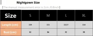 Size chart showing length and bust measurements for lace satin nightdress from S to XL