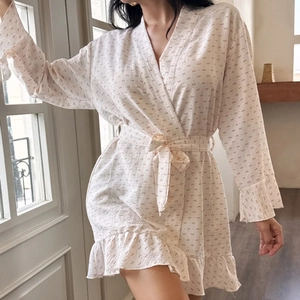 Women Satin Polyester Robe Sweet Pink Bow Print Ruffle Hem V Neck Belted Kimono Loungewear Long Sleeve Bathrobe For Home
