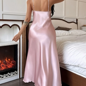 Elegant pink satin slip nightgown with thin straps and smooth back view for women