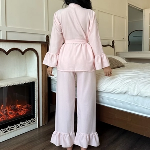Pink cloud cotton pajama set with ruffle trim long-sleeved top and pants for women