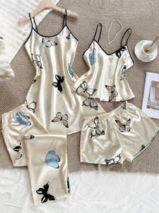 Ensemble de pyjama en satin champagne à imprimé papillon avec caraco et pantalon