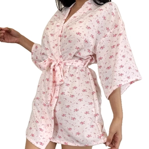 Pink floral cotton kimono robe with delicate rose prints and waist tie for women