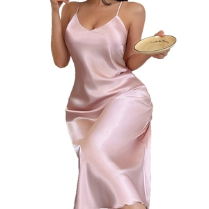 Elegant pink satin slip dress with a V-neck and smooth silk-like texture for women