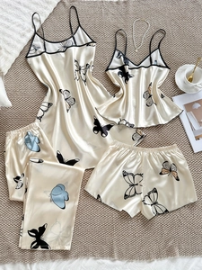 Détails de l'ensemble pyjama en satin pour femmes avec imprimé papillon et liseré noir