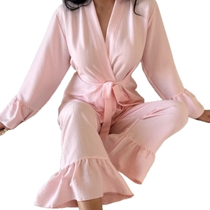 Pink cloud cotton pajama set for women featuring kimono top and ruffled pants